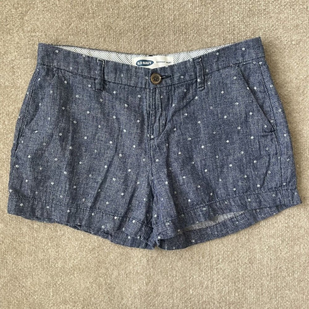Old Navy Shorts Womens 2 Blue White Polka Dot Linen Cotton Blend 3" Inseam